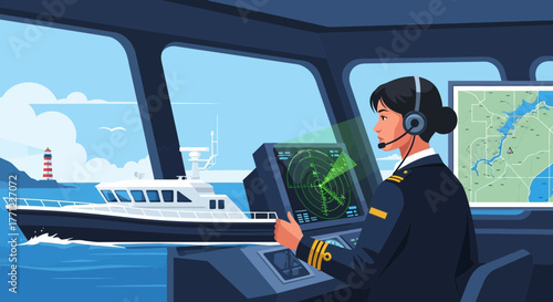 Female maritime officer skillfully navigating vessel with advanced technology and precision