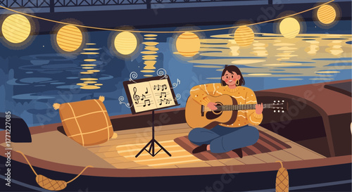 Serene evening melody a woman with guitar on boat surrounded by water and lights