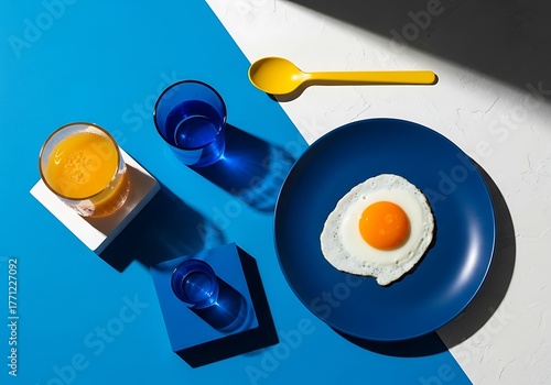 Breakfast setting with fried egg, orange juice, and glasses
