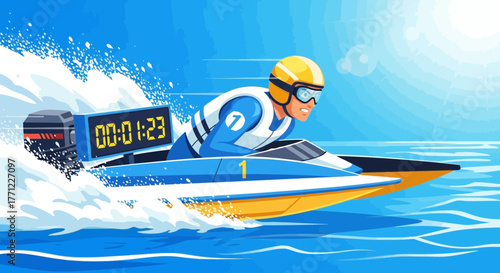 Stylized Motorboat Racing Illustration with a Speedboat Driver in Action