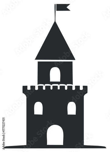 Simple dark silhouette icon of a fairytale castle tower with flag and battlements featuring arched windows and entrance