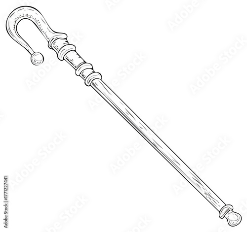 Traditional curved shepherd's crook or jester's staff outline drawing with decorative handle and whimsical bell
