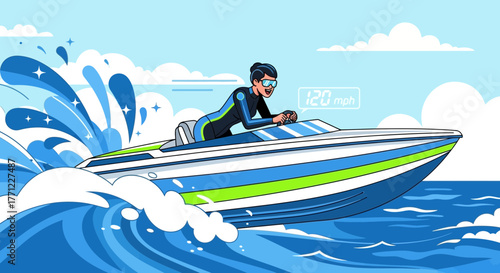 Dynamic illustration of a woman speeding on a powerboat across ocean waters