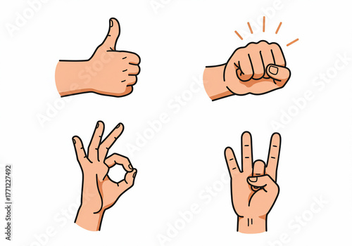 Four hand gestures depicted in a vector illustration, including thumbs up, fist, OK sign, and a hand making a rock and roll sign.