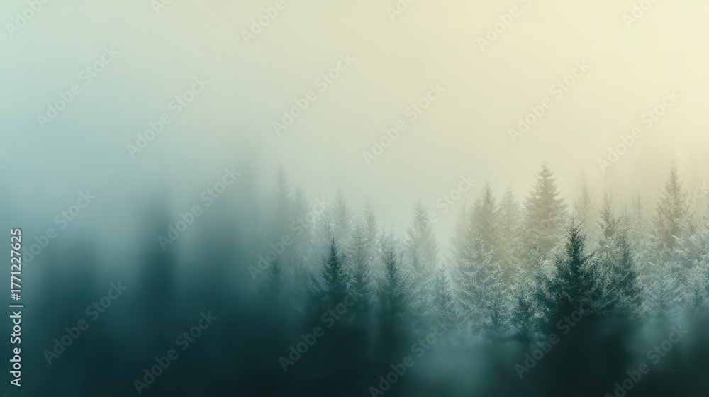 Fototapeta premium Soft Misty Forest Landscape in Early Morning Light and Fog