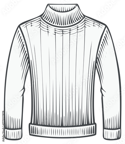 Graphic line art of a ribbed turtleneck sweater with long sleeves perfect for casual winter fashion and textile design projects