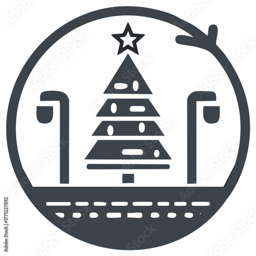 Festive Christmas tree icon with star, standing tall amidst streetlights on a snowy terrain enclosed within a looping frame