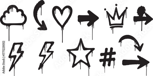 Collection of black graffiti drip icons and street art symbols vector isolated on white
