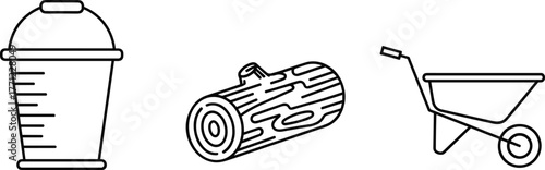 Bucket with lid and measurement markings, wooden log with bark texture, wheelbarrow garden tool, outdoor equipment, landscaping, gardening, 