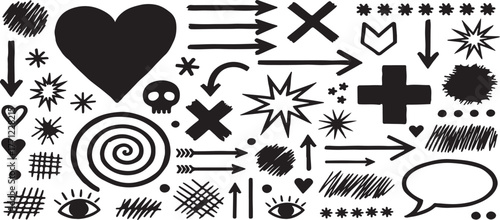 Hand Drawn Doodle Vector Set of Grunge Graphic Elements, Arrows, Hearts, and Abstract Symbols