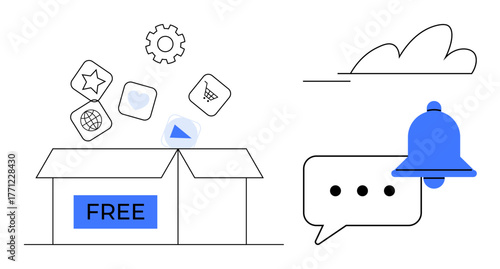 Open box labeled FREE releases app icons representing tools and features. Alongside, a blue notification bell overlays a speech bubble with ellipsis. Ideal for technology, communication, updates