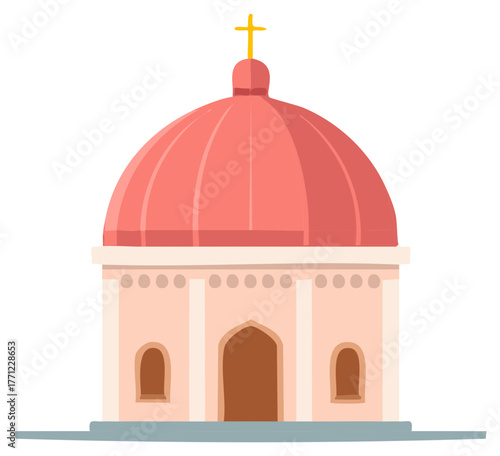 Minimalist religious architecture illustration featuring a domed structure and cross symbol