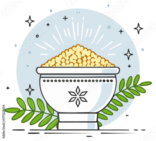 Bowl filled with popcorn and green leaves with sparkling stars and sunburst effect