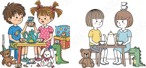 Children Having Imaginative and Minimalist Tea Parties with Toys, Teacups, and Teapots in Playful Pretend Play Vector Illustration Scene