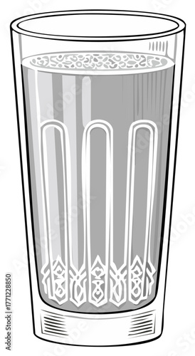 Illustration of a glass of water with unique pattern, drink with bubbles at the top
