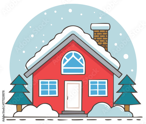Red house in snowy winter with Christmas trees. Cute cartoon illustration.