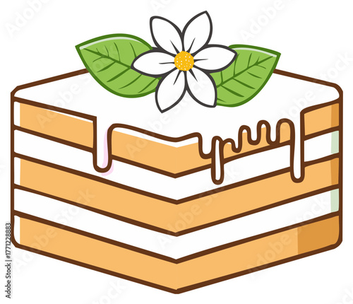 Square layer cake with white frosting and a decorative flower and leaves
