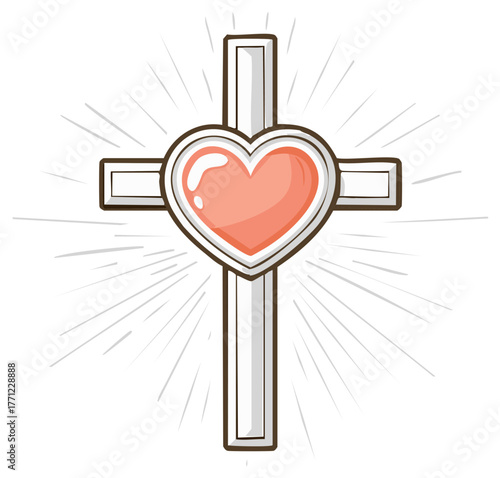Christian Cross with Heart Love Overlay Radiating Faith Spiritual Hope Symbol
