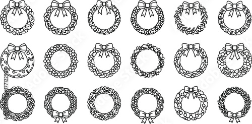 Collection of christmas wreaths with bows in outline style