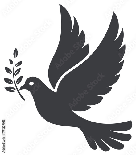 Black silhouette of a dove flying gracefully, carrying an olive branch, symbolizing peace and hope