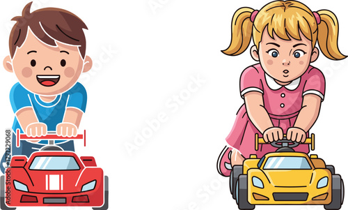 Cartoon children playing with toy race cars, kneeling and smiling, fun indoor activity, imaginative childhood moment vector illustration design.