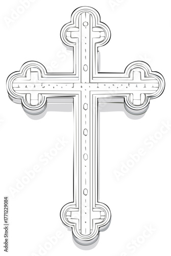Detailed Sketch of an Ornate Christian Cross with Rounded Edges and Shadow