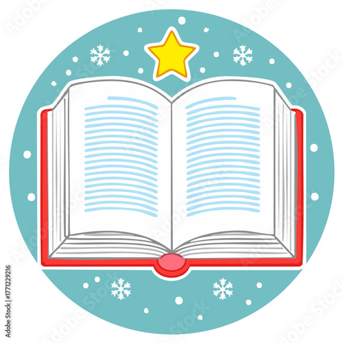 Open Book with Star and Snowflakes Decorative Emblem