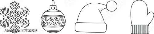 Christmas and new year line art icon set with snowflake, ball, santa hat, and mitten