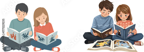 Cartoon children reading fantasy books on floor, enjoying colorful stories, educational activity, literacy, learning, classroom fun, vector illustration.