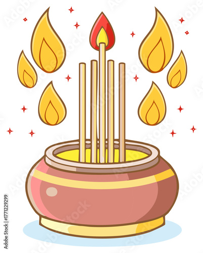 Cartoon Incense sticks burning in a pot with floating flames for celebration or religious ritual