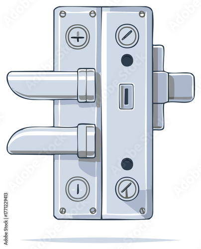 Modern Metallic Double Door Lever Lock with Keyhole and Bolt Mechanism Illustration