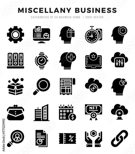 Miscellany Business Icons Pack. Glyph icons set. Glyph icon collection set.