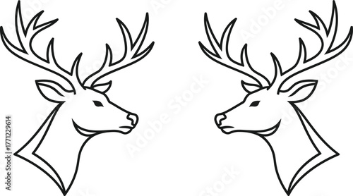 Elegant deer head silhouettes facing each other in outline style