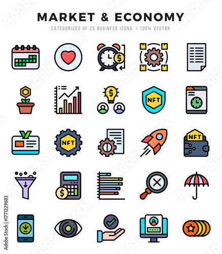 Vector Market & Economy types icon set in Lineal Color style. vector illustration.