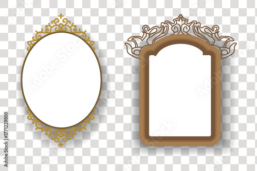 Mirror with a luxury golden frame set in an ornate baroque style. picture frame collection. Vintage decorative border design with square and circular shapes. Vector illustration.