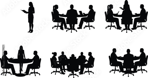 Business meeting silhouettes, teamwork collaboration, office discussion, corporate presentation, group brainstorming, professional 