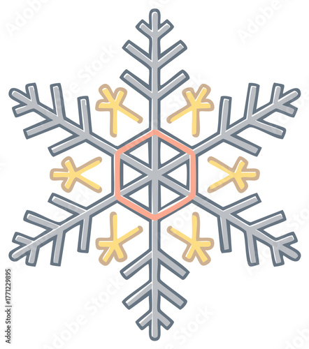 Stylized Snowflake Illustration with Hexagonal Center and Yellow Accents