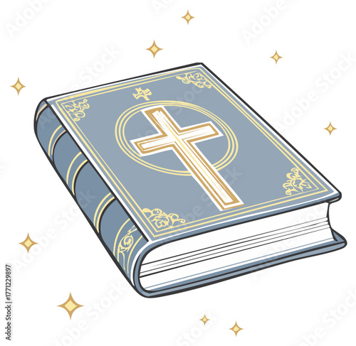 Sacred Holy Bible book with cross symbol and sparkling light effect