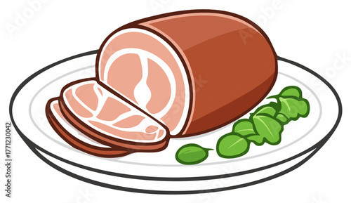 Sliced Meat Roll with Greens on a Plate, Cooked Ham, Food Presentation, Fresh Leafy Greens Garnishing, Meat Appetizer Illustration