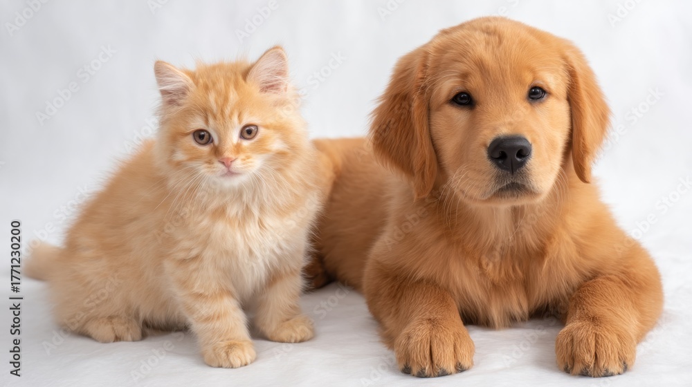 Fototapeta premium Curious puppy and playful kitten sitting side by side on a white background in natural light, capturing innocence and companionship with vibrant textures and adorable expressions