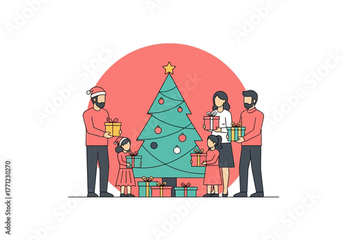 Flat minimalist vector illustration of a family exchanging gifts near a Christmas tree, a harmonious Christmas celebration theme.