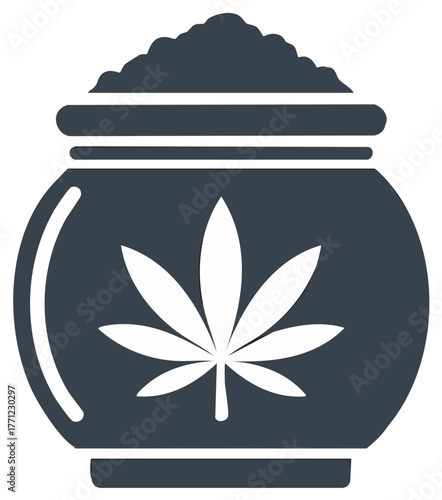 Pot with cannabis leaf symbol, filled with dry marijuana substance