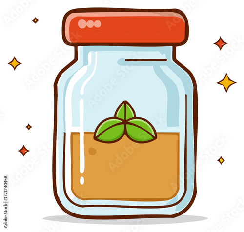 Cartoon jar filled with golden liquid and green leaves with sparkling stars around