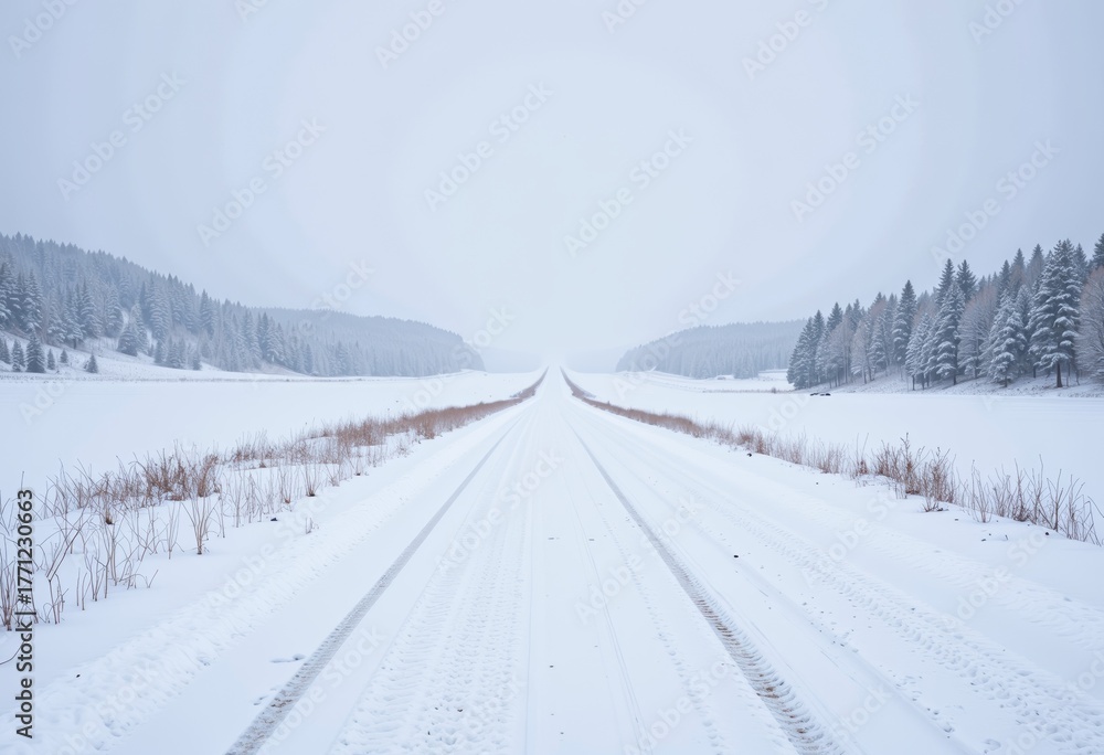Fototapeta premium Endless Snowy Road Stretching Through Winter Wonderland Flanked by Snow-Covered Trees and Tranquil Countryside Under Overcast Sky