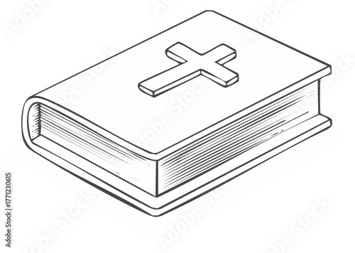 Book illustration with cross outline for religion and devotion graphics.