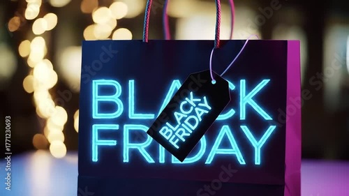 Black Friday neon shopping bag with glowing lights and festive bokeh background 