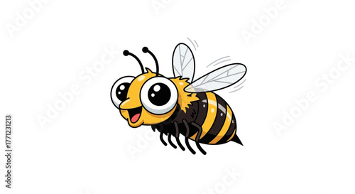Cute cartoon bee flying fun friendly insect character with big eyes for children's designs isolated on white background