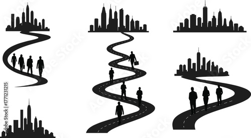 Business people walking on winding road to city skyline, urban journey, teamwork, career path, success, ambition, growth, progress, future