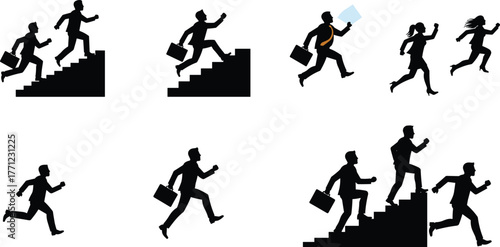 Business people running, climbing stairs, teamwork success, corporate race, career growth, competition challenge, office workers, leadership ambition, professional achievement, progress