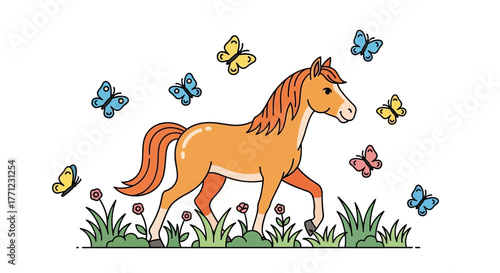 Charming horse with butterflies fluttering gracefully in a meadow scene isolated on white background